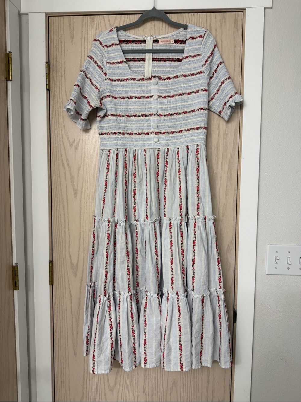 Ivy City Co Light Blue Striped Floral Trim Midi Dress XL